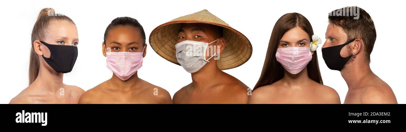 Multinational Faces Set of different multinational human faces wearing medical masks ...