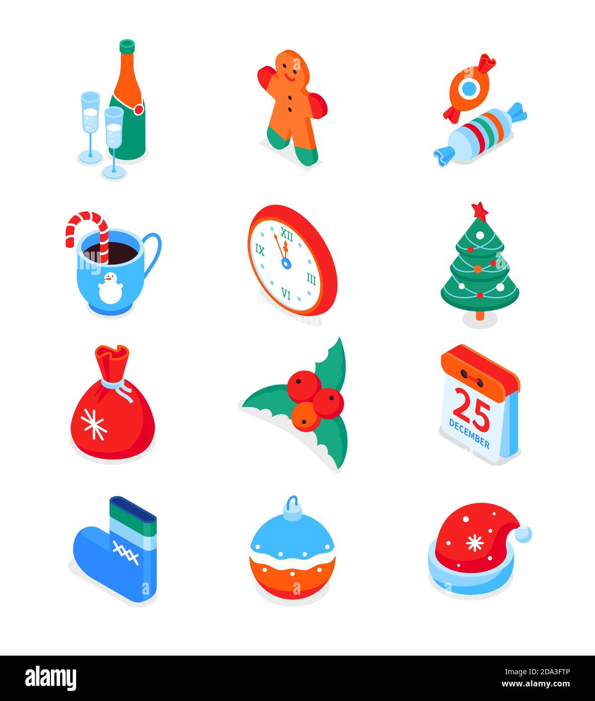 Merry Christmas and Happy New Year - modern colorful isometric icons set Stock Vector