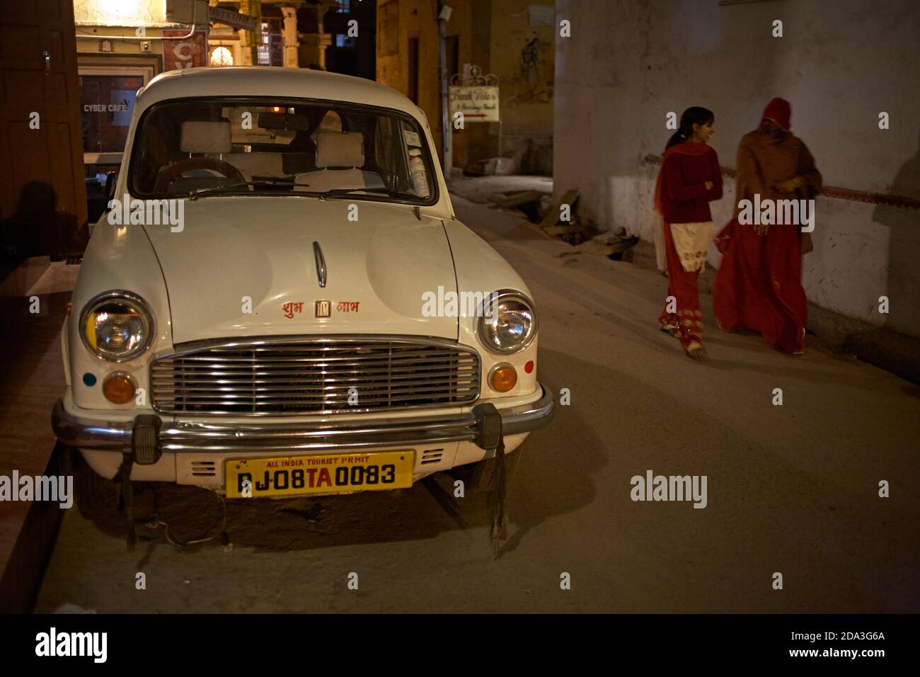 Bundi, India, November 2008. Ambassador car parked in a street at night. Stock Photo