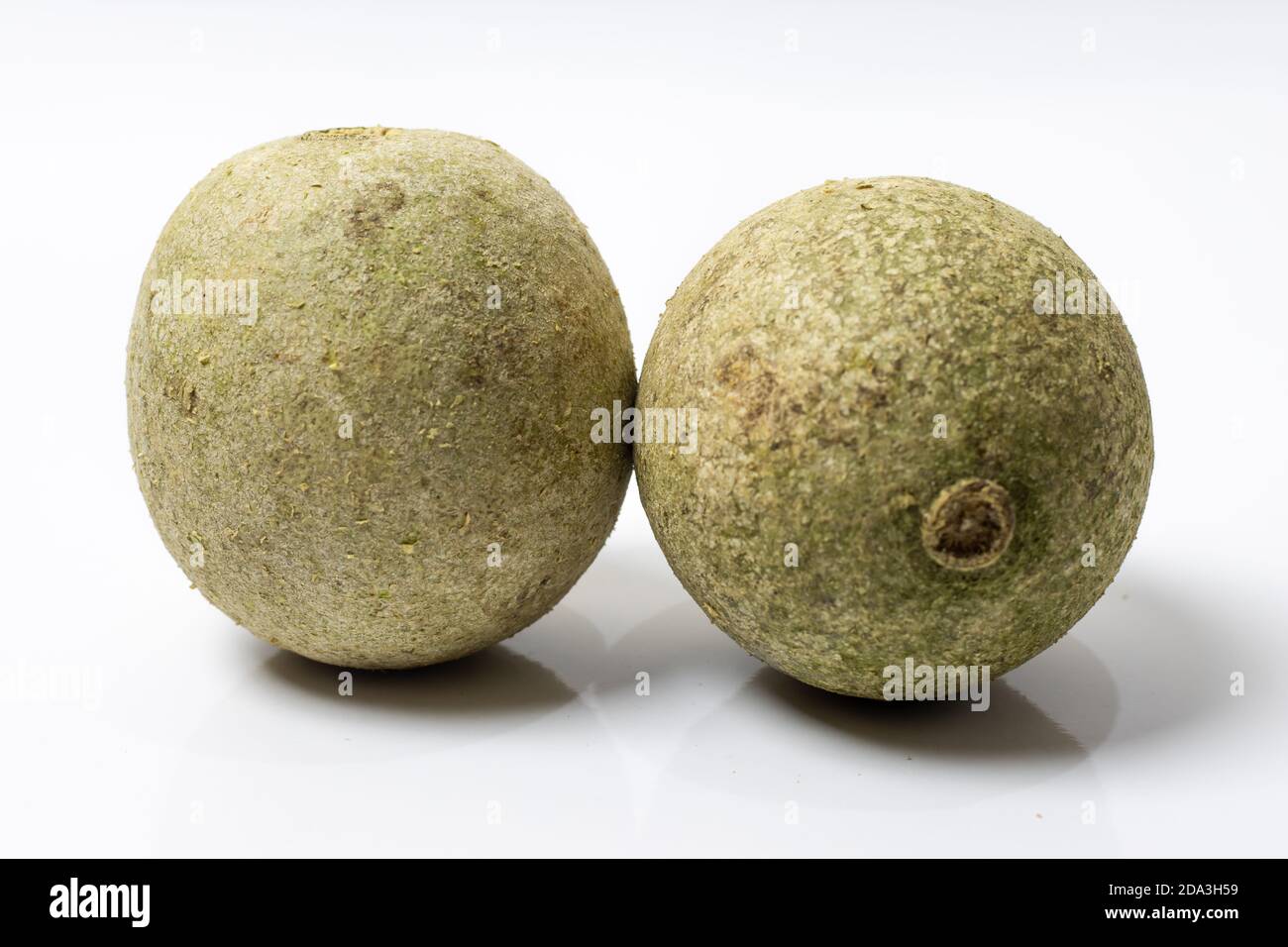 Two whole limonia acidissima fruit or wood apple isolated on white background Stock Photo