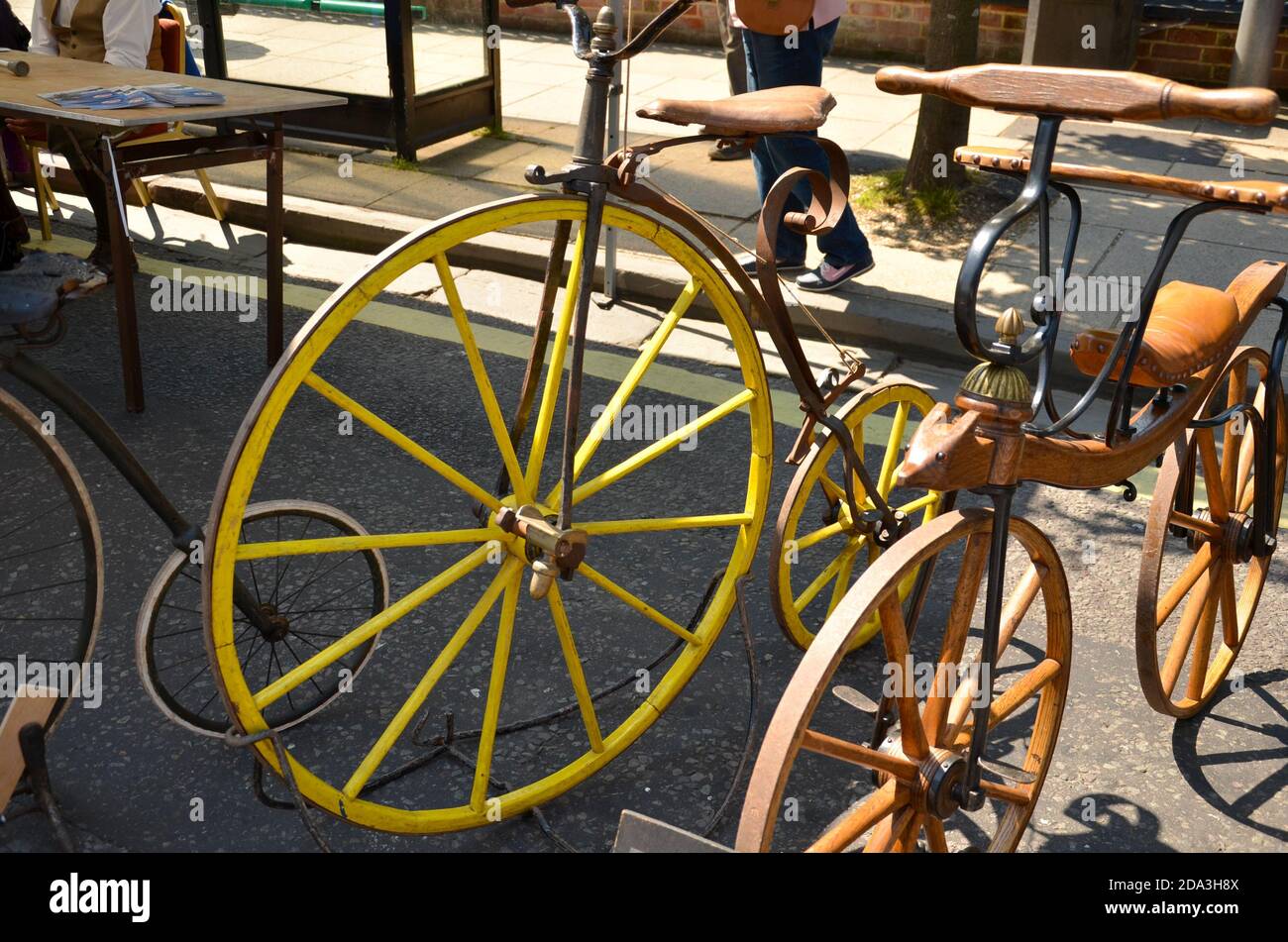 close up of vintage bicycles outside in summer sun. An unusual
