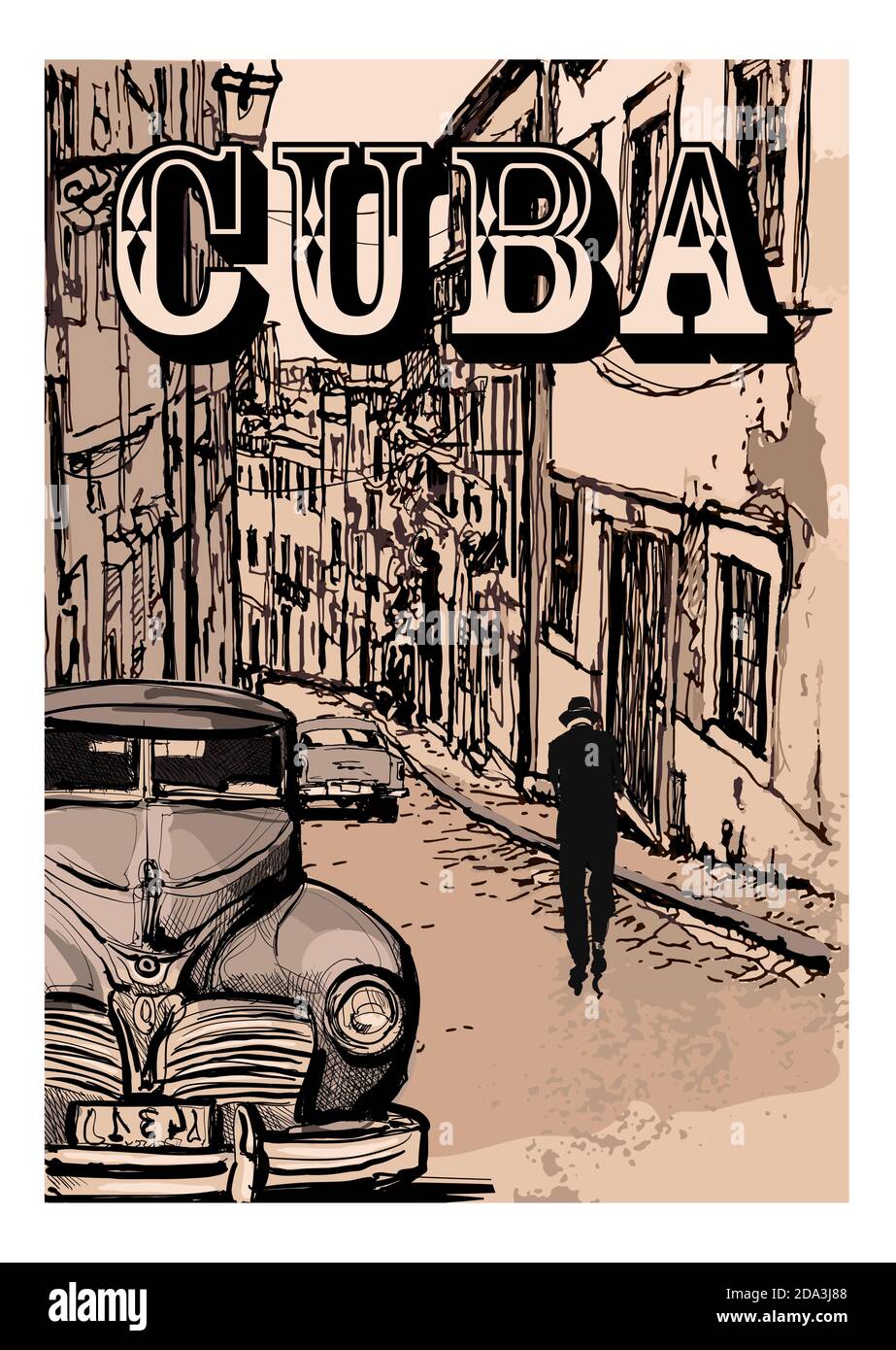 Vintage classic american car in a street of Havana, Cuba - vector illustration Stock Vector