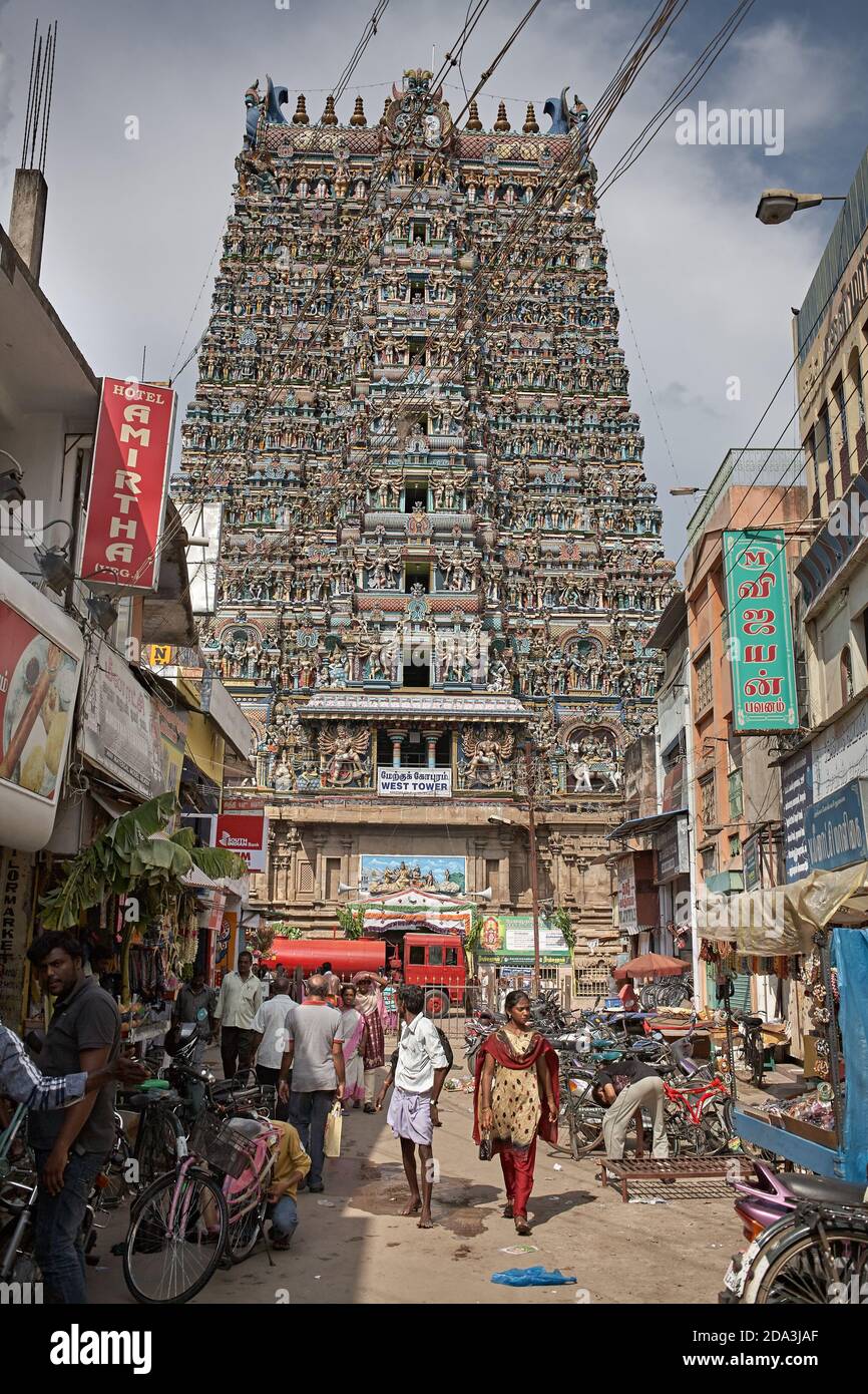 Madurai, India, May 2012. A crowded street in front of Meenakshi Temple. Stock Photo
