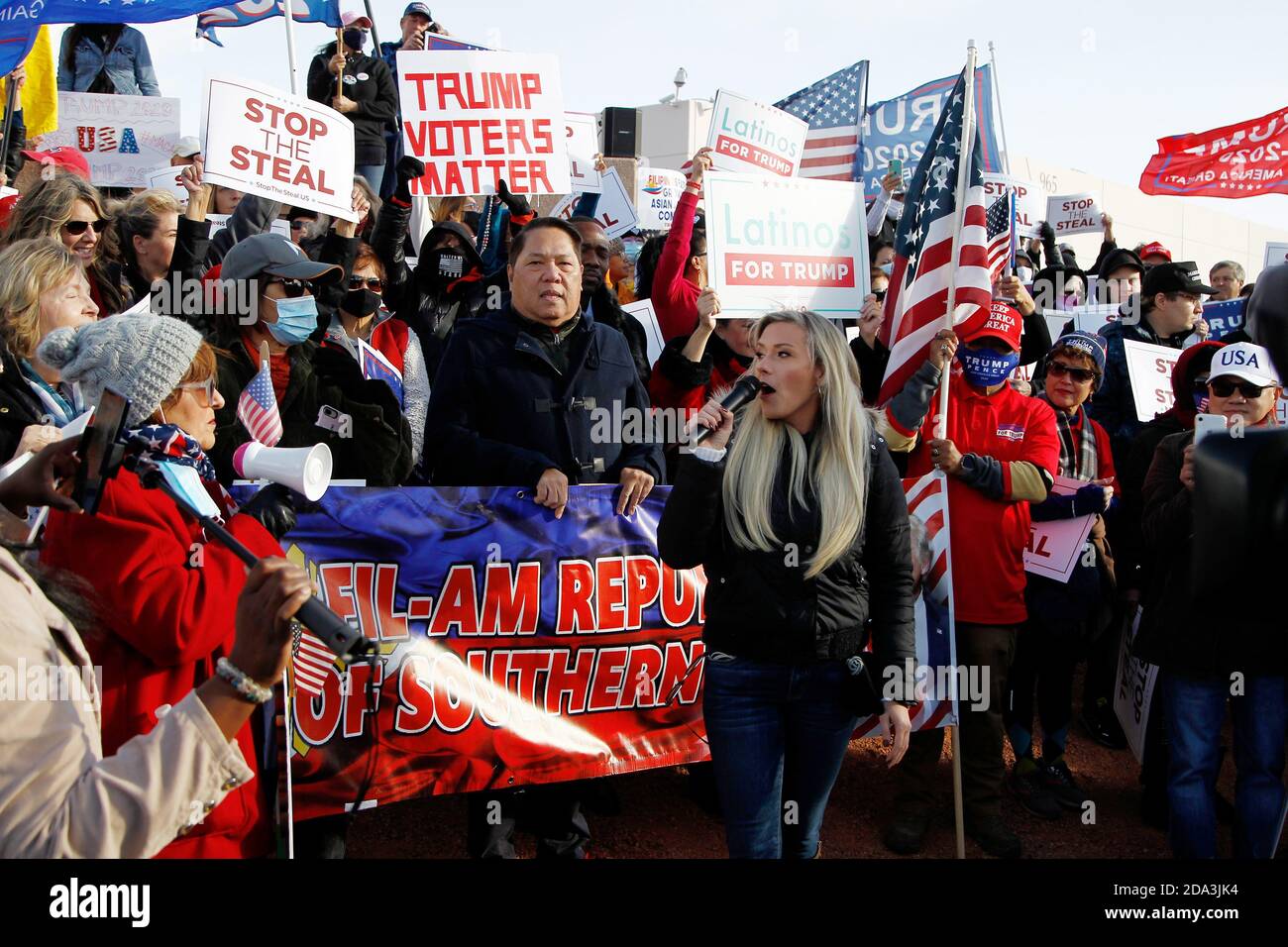 Local 'Stop the Steal' organizer Courtney Holland (center) addresses Trump supporters during a rally outside the Election Center Headquarters in North Las Vegas on Sunday, November 8, 2020.  The allegations of voting irregularities are false.   President Donald Trump has so far refused to concede to President-elect Joe Biden, who won the presidential election on November 3rd.     Photo by James Atoa/UPI Stock Photo
