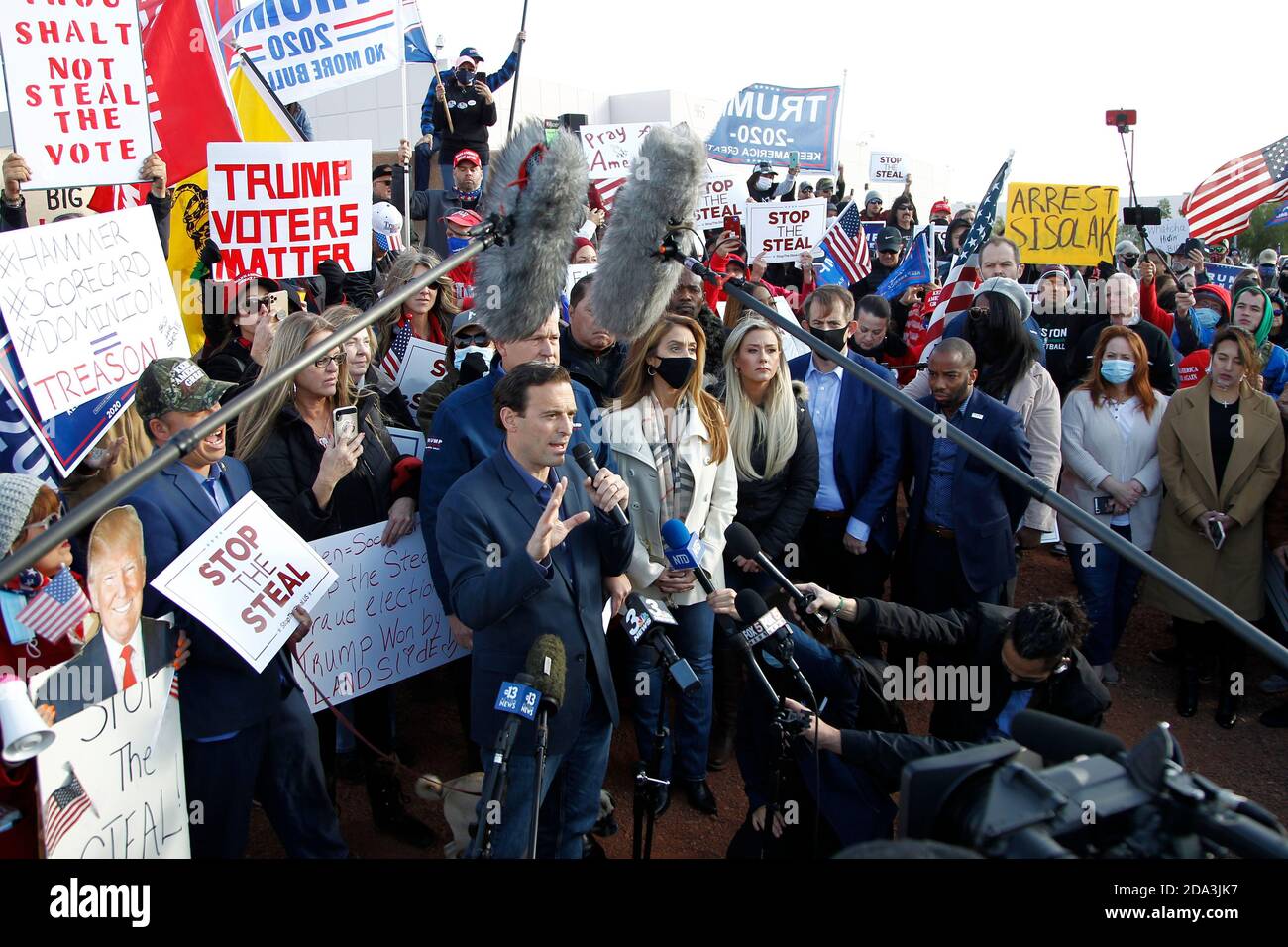 Former Nevada Attorney General Adam Laxalt addresses the media at the 'Stop the Steal' rally in North Las Vegas  on Sunday, November 8, 2020.  The allegations of voting irregularities are false.   President Donald Trump has so far refused to concede to President-elect Joe Biden, who won the presidential election on November 3rd.     Photo by James Atoa/UPI Stock Photo