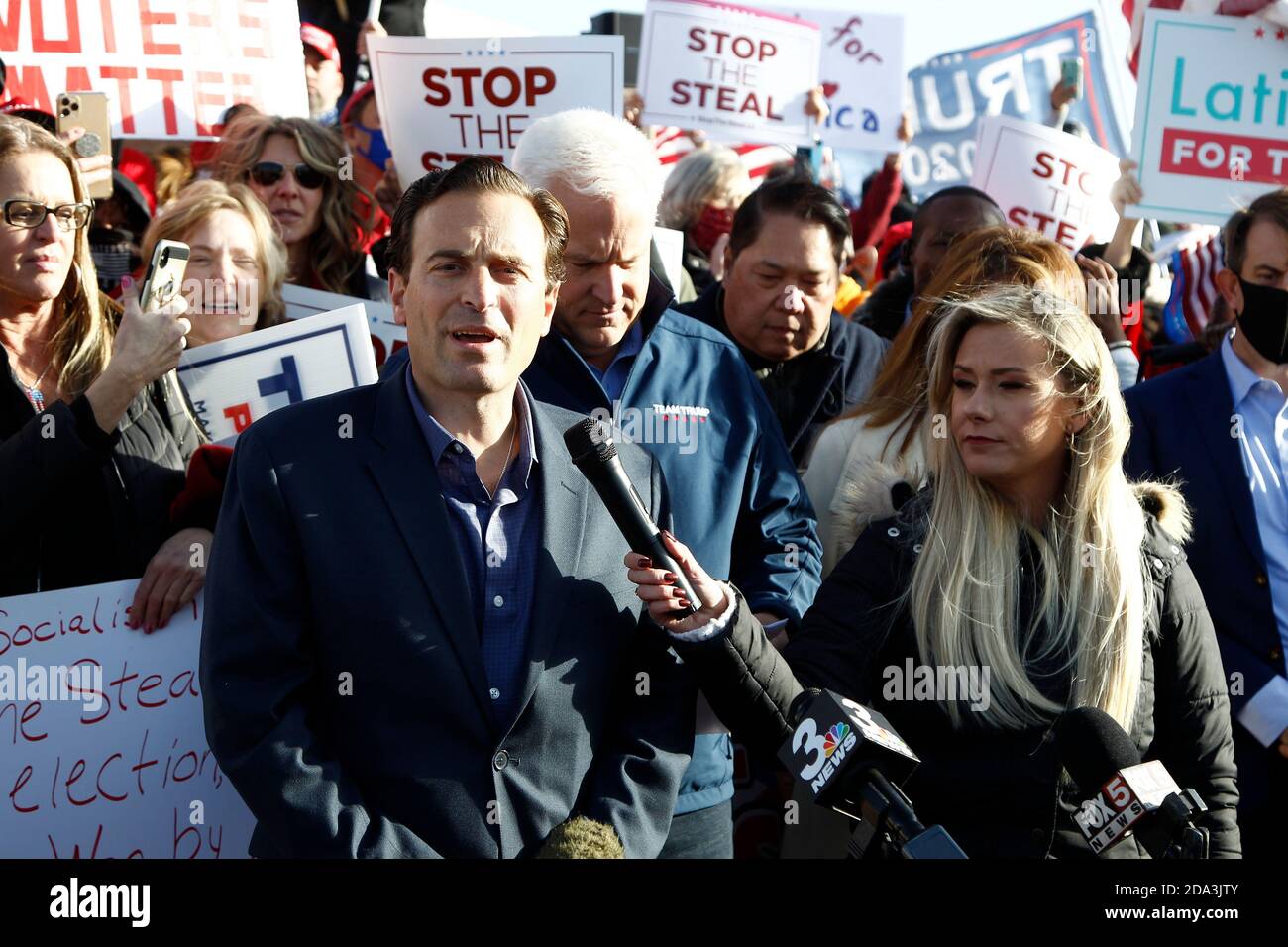 Las Vegas, United States. 09th Nov, 2020. Adam Laxalt, former Nevada Attorney General addresses Trump supporters during the 'Stop the Steal' rally outside the Election Center in North Las Vegas on Sunday, November 8, 2020. The allegations of voting irregularities are false. President Donald Trump has so far refused to concede to President-elect Joe Biden, who won the presidential election on November 3rd. Photo by James Atoa/UPI Credit: UPI/Alamy Live News Stock Photo