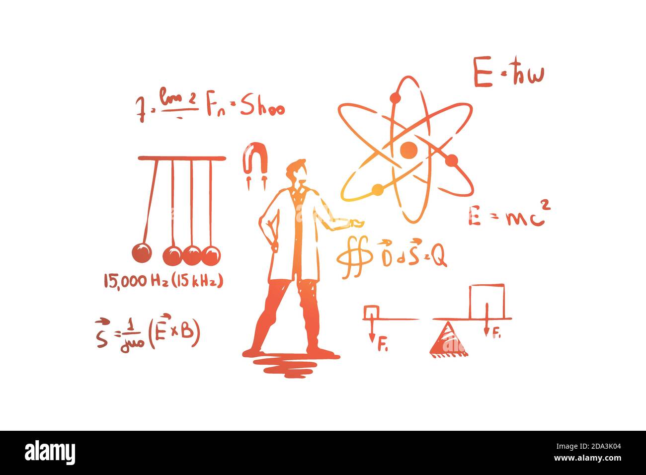 Man in white coat, science experiment, Newton cradle,complex equations, Einstein formula Stock Vector