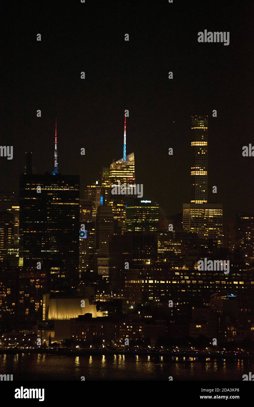 New York City in red, white and blue lights, the night of November 7, 2020, the week of Election Day 2020. Stock Photo