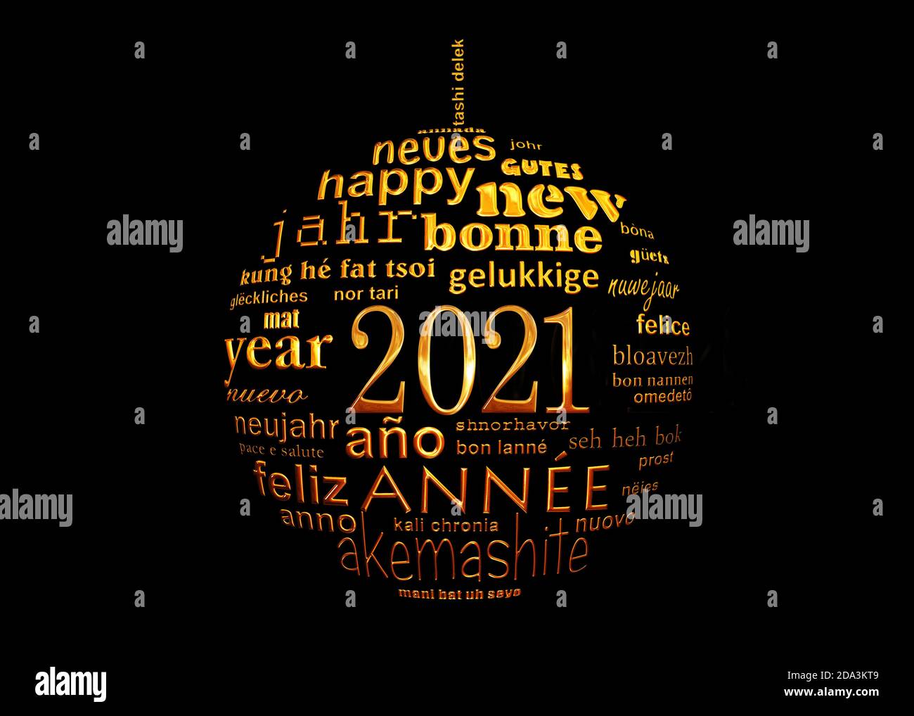 2021 new year black and gold multilingual text word cloud greeting card in the shape of a christmas ball Stock Photo