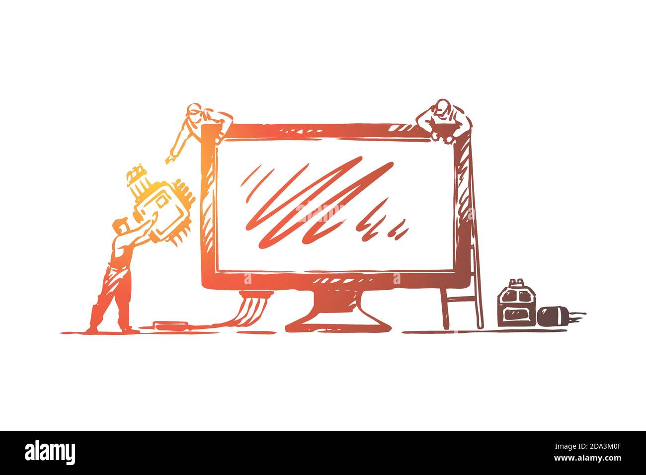 Tiny people fixing computer monitor, technical support, chip