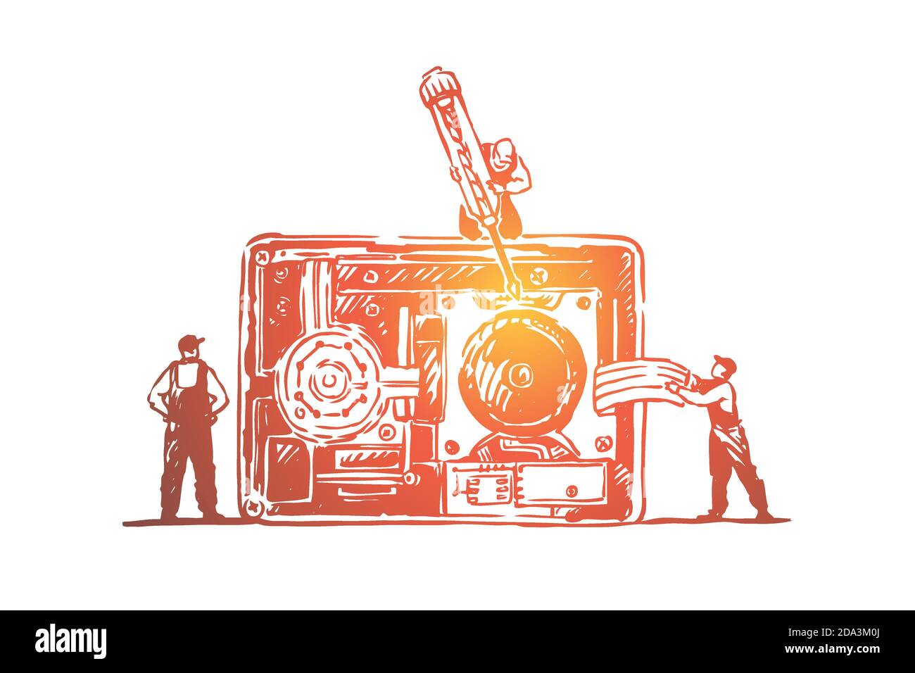 Tiny technicians fixing old fashioned camera, repair shop, handyman