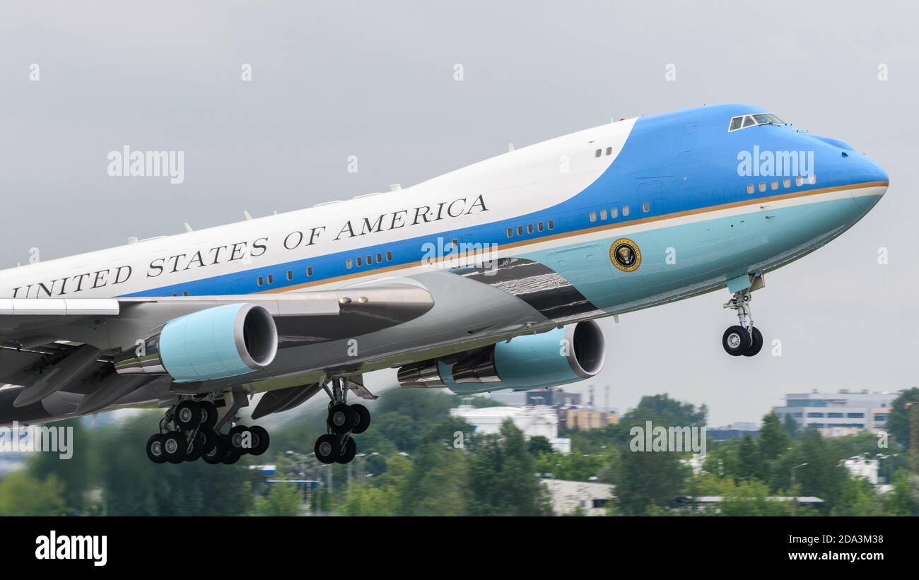 Warsaw, Poland - June 4, 2014: Air Force One with president of the United States Barack Obama departing from Warsaw Chopin Airport Stock Photo