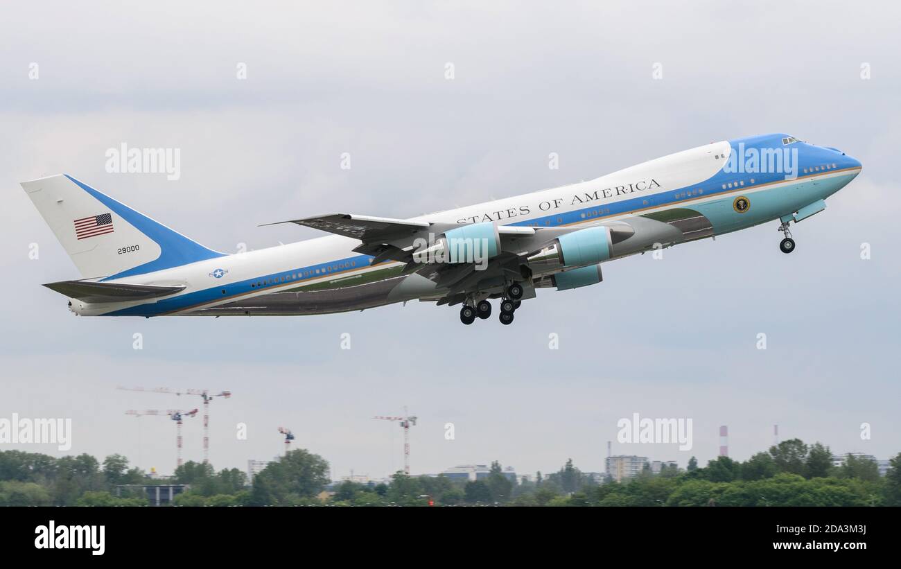 Warsaw, Poland - June 4, 2014: Air Force One with president of the United States Barack Obama departing from Warsaw Chopin Airport Stock Photo