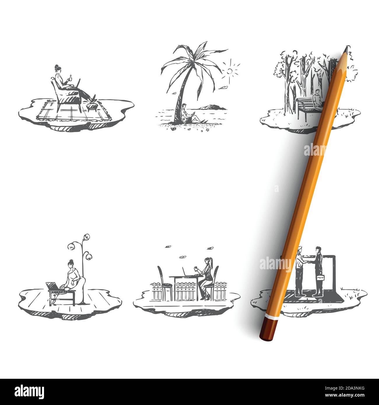 Freelancer - people working with laptops on nature outdoors and in comfortable places vector concept set Stock Vector