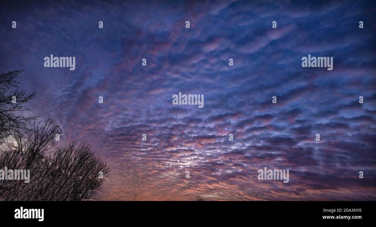 Interesting form of clouds and twilight sky during the sunset, stitched panorama, HDR image. Stock Photo