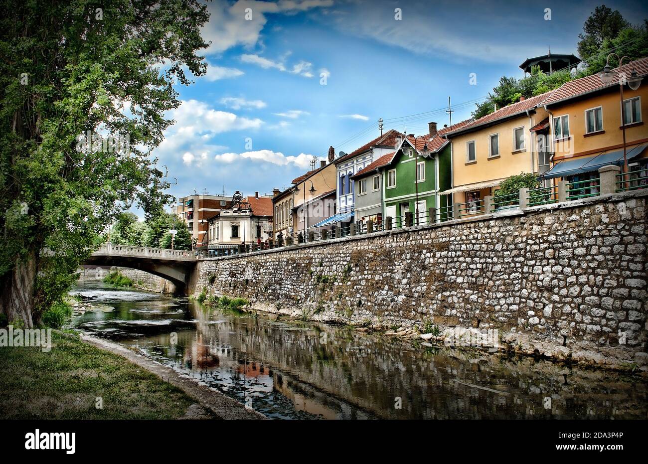 Old downtown of Knjazevac city in eastern Serbia. Beautiful view with bridge on the Timok river, HDR photo. Stock Photo
