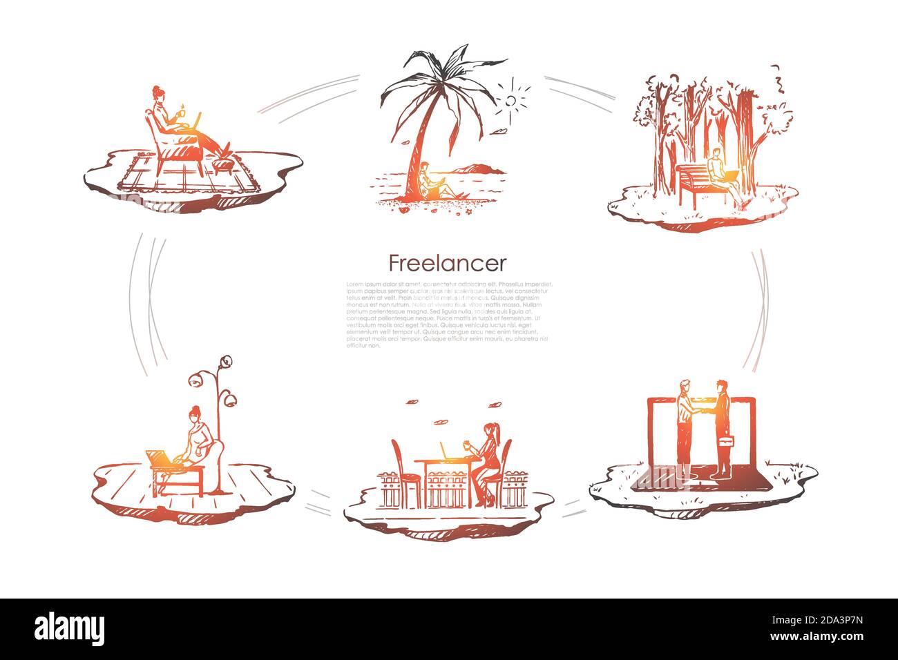 Freelancer - people working with laptops on nature outdoors and in comfortable places vector concept set Stock Vector