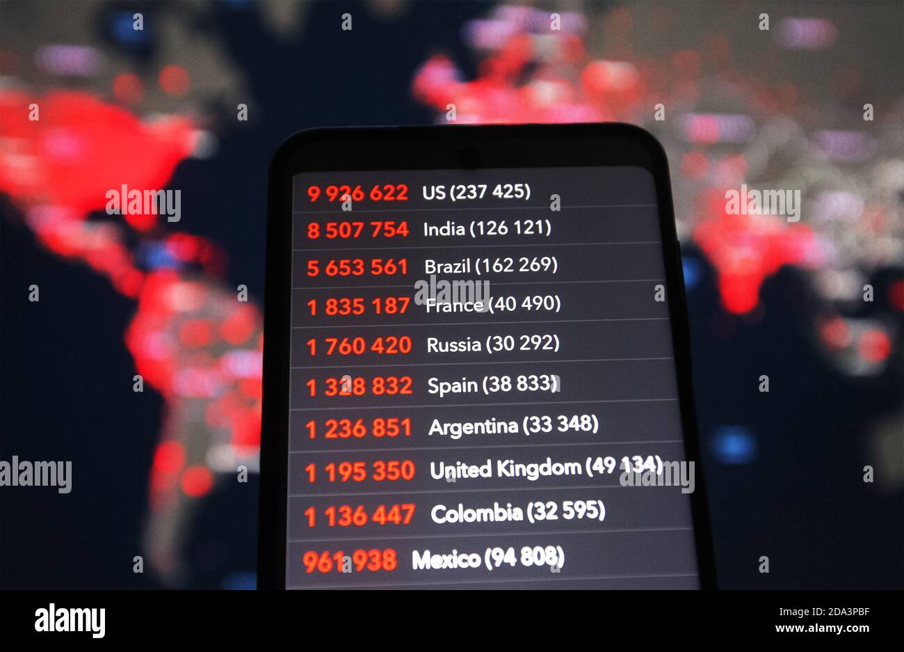 In this photo illustration, the statistics of Covid-19 coronavirus spread in different countries by worldometers website seen displayed on a smartphone with a background of a map by the Center for Systems Science and Engineering (CSSE) at Johns Hopkins University (JHU) showing the Covid-19 coronavirus global spread on a computer screen.The Covid-19 global cases pass 50 million and 10 million in the U.S., according to internet online trackers of the coronavirus spread. Stock Photo