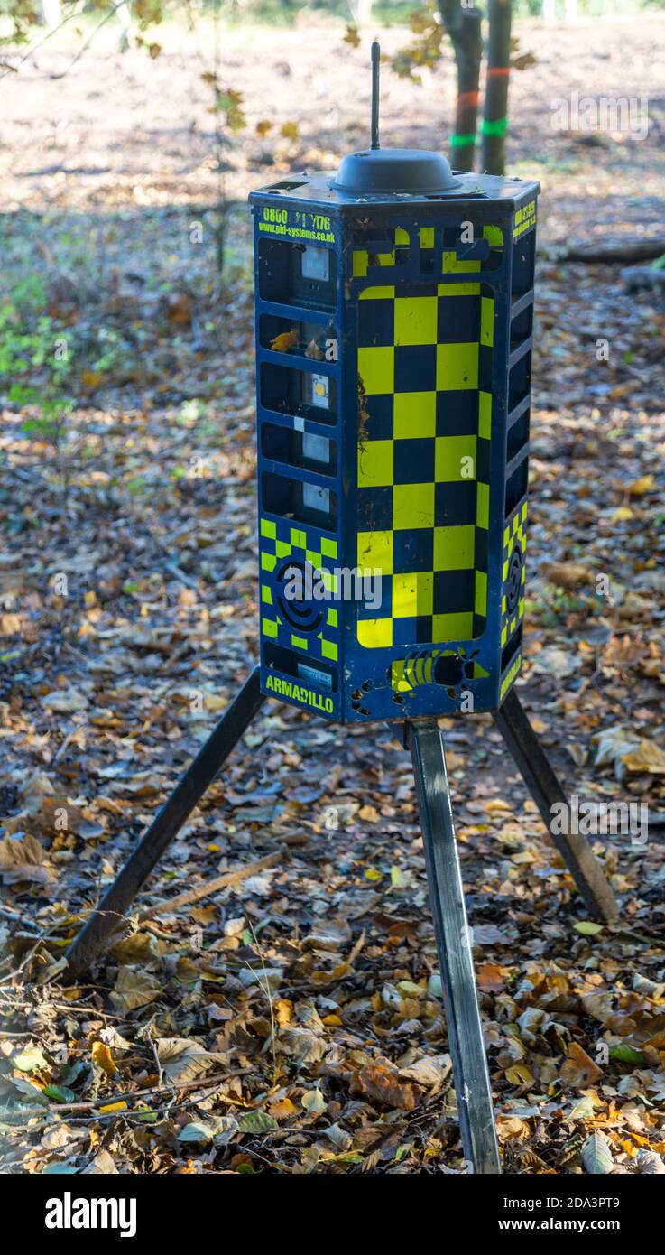 Armadillo Videoguard surveillance equipment used to observe detect protestors at HS2 protest site, Kenilworth, Warwickshire, England, UK Stock Photo