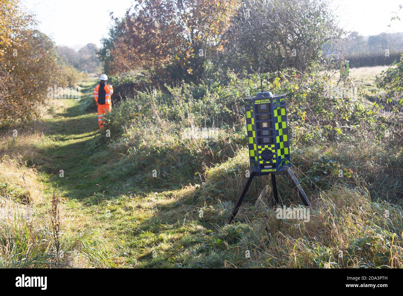 Armadillo Videoguard surveillance equipment used to observe detect protestors at HS2 protest site, Kenilworth, Warwickshire, England, UK security guar Stock Photo