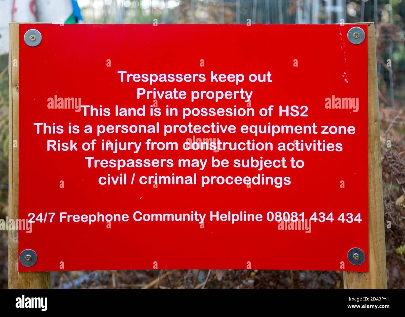 HS2 construction site Crackley Woods, Kenilworth, Warwickshire, England, UK, November 2020 close up of sign about trespassing Stock Photo