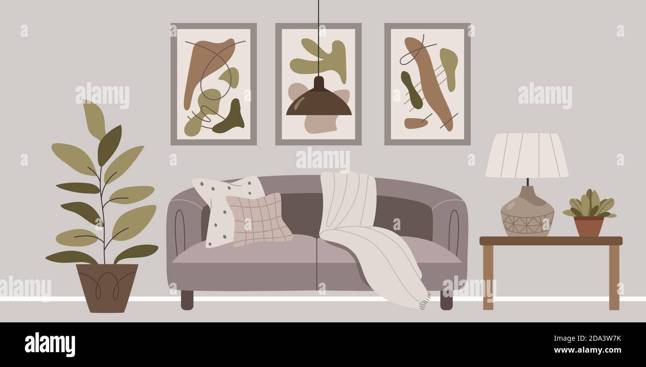 Stylish interior in gray-brown colors.Minimal interior design of living room with  leather couch.Cozy living room interior inspired by autumn colors.S Stock Vector