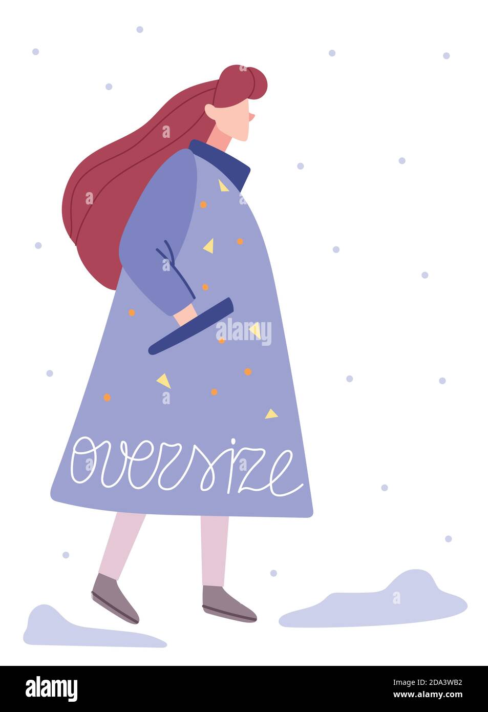 Stylish girl in an oversized coat walks in the winter.Outdoors lifestyle fashion .Woman walking on street flat illustration. Trendy street style fashi Stock Vector