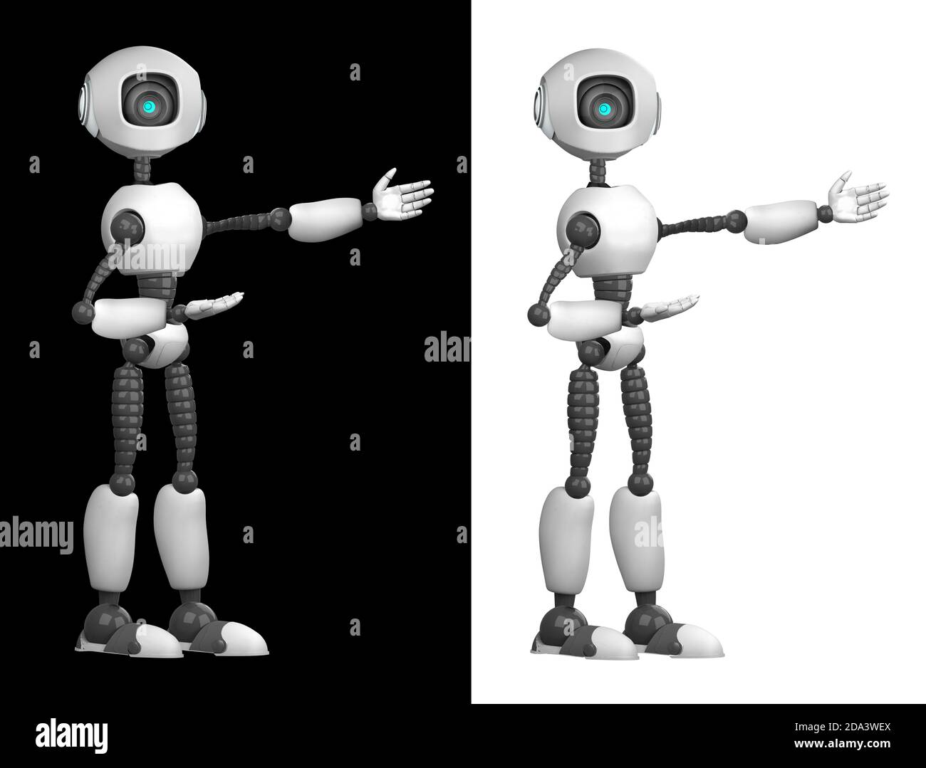 A humanoid robot points with his hands. Isolated on black and white background. Future concept with robotics and artificial intelligence. 3D rendering Stock Photo