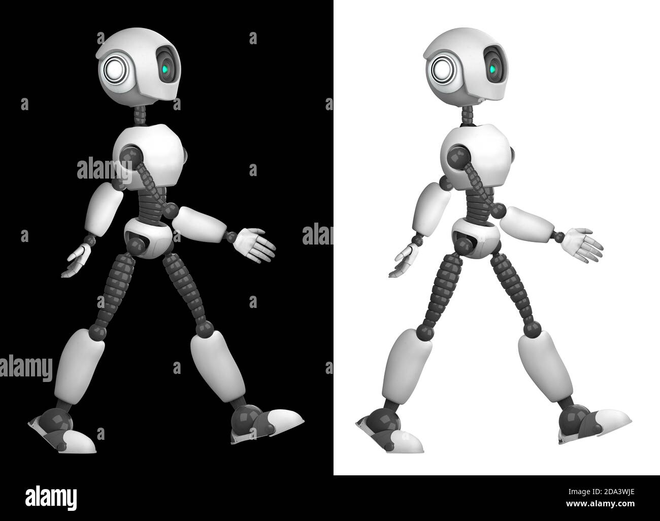 A humanoid walking robot isolated on black and white background. Future concept with robotics and artificial intelligence. 3D rendering Stock Photo