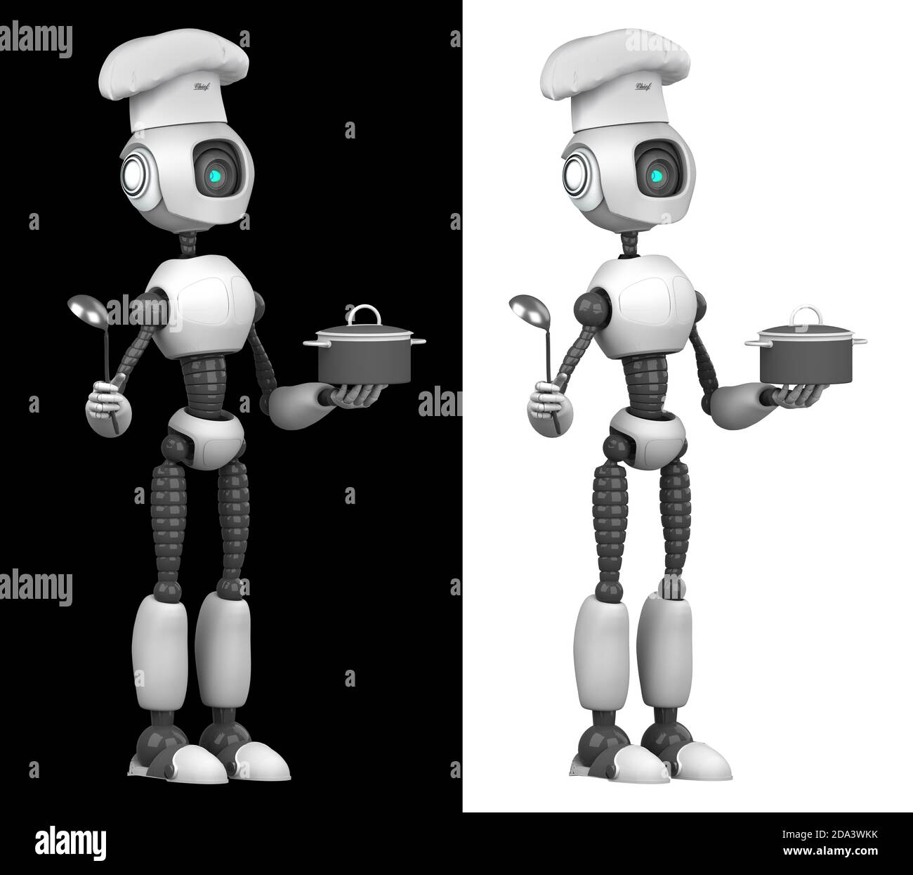 A humanoid robot chef cooks dishes. Isolated on black and white background. Future concept with robotics and artificial intelligence. 3D rendering Stock Photo