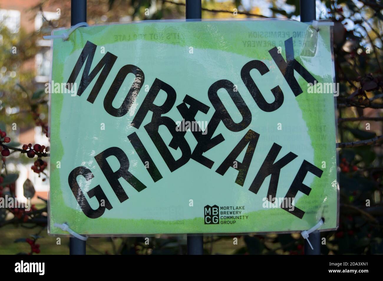 mortlake gridlock, a mortlake brewery comminuty group poster  opposing a scheme for the former mortlake brewery in mortlake, london, england Stock Photo