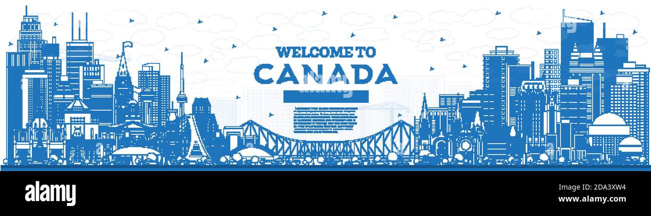 Outline Welcome to Canada City Skyline with Blue Buildings. Vector ...