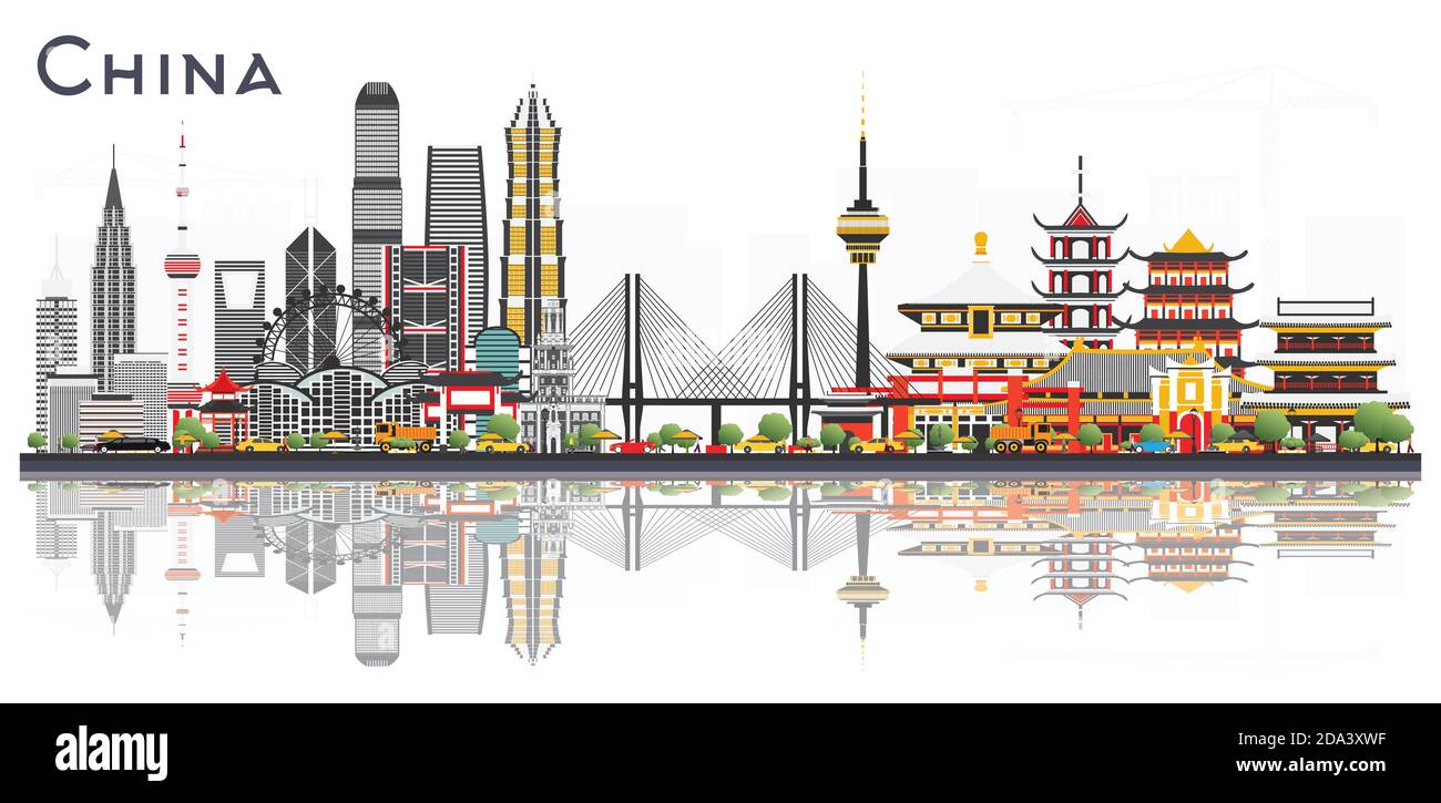China City Skyline Isolated on White Background. Famous Landmarks in China. Vector Illustration. Business Travel and Tourism Concept. Stock Vector