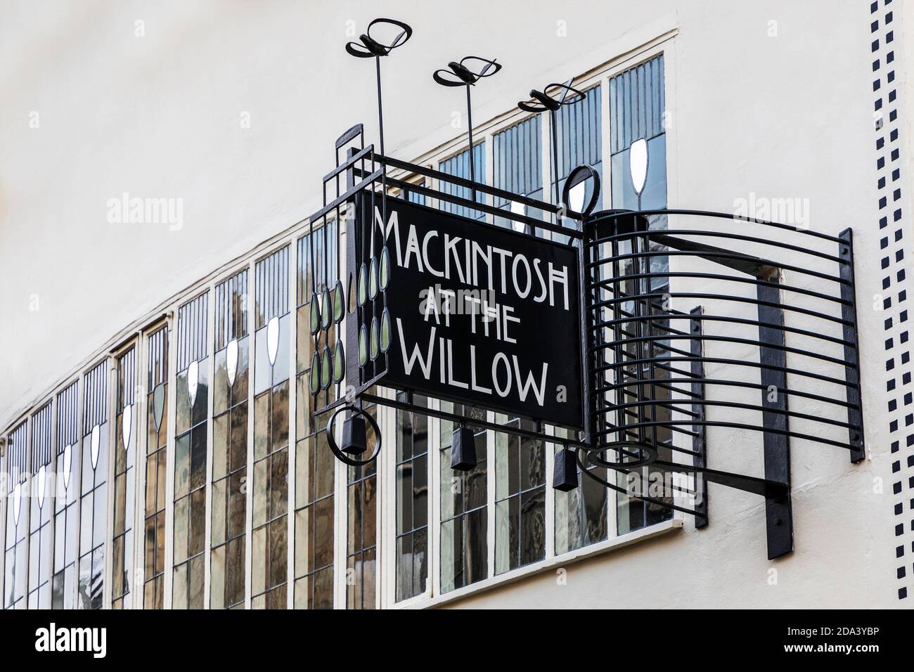 Sign in the art deco style of Charles Rennie Mackintosh, outside the Mackintosh at the Willow tearoom, Sauchiehall Street, Glasgow, UK Stock Photo