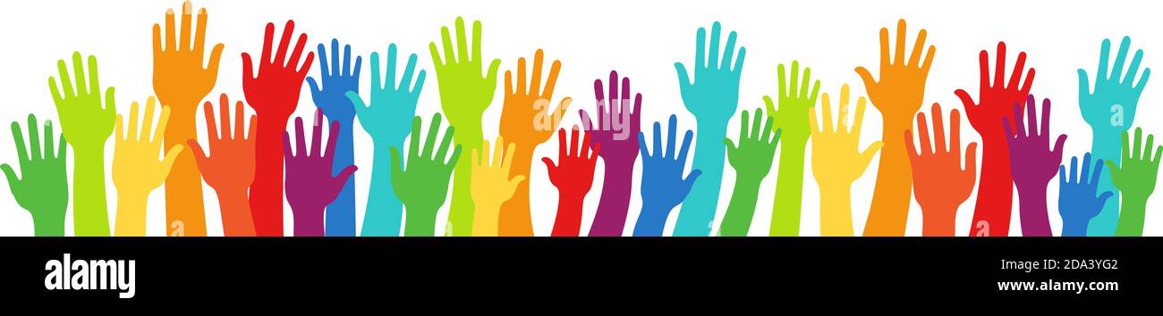 Group raised many human arms and hands.Diversity multiethnic people. Racial equality. Men and women of different culture and countries. Multicultural Stock Vector