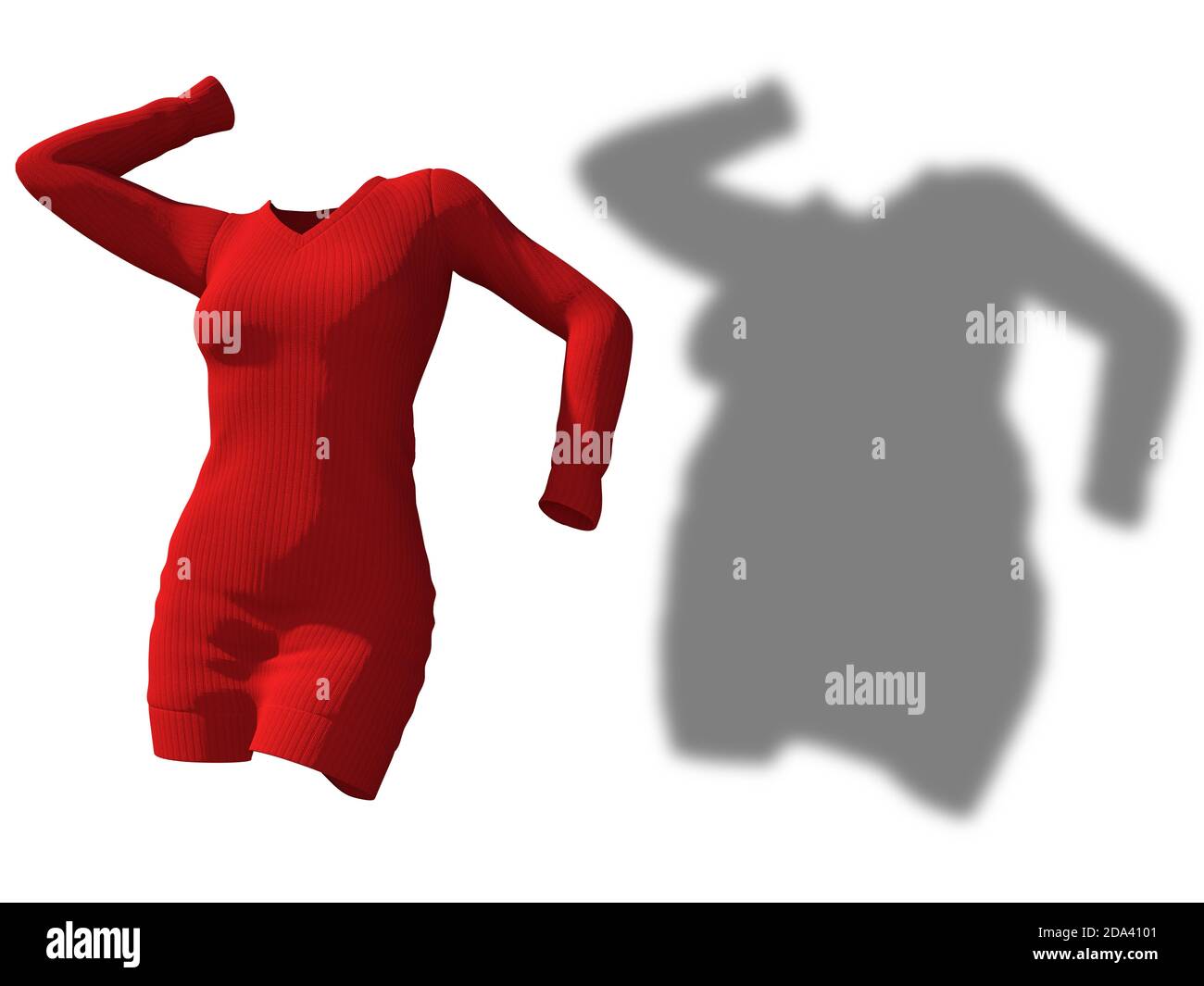 Conceptual fat overweight obese shadow female sweater dress vs slim fit healthy body after weight loss or diet thin young woman isolated. Stock Photo