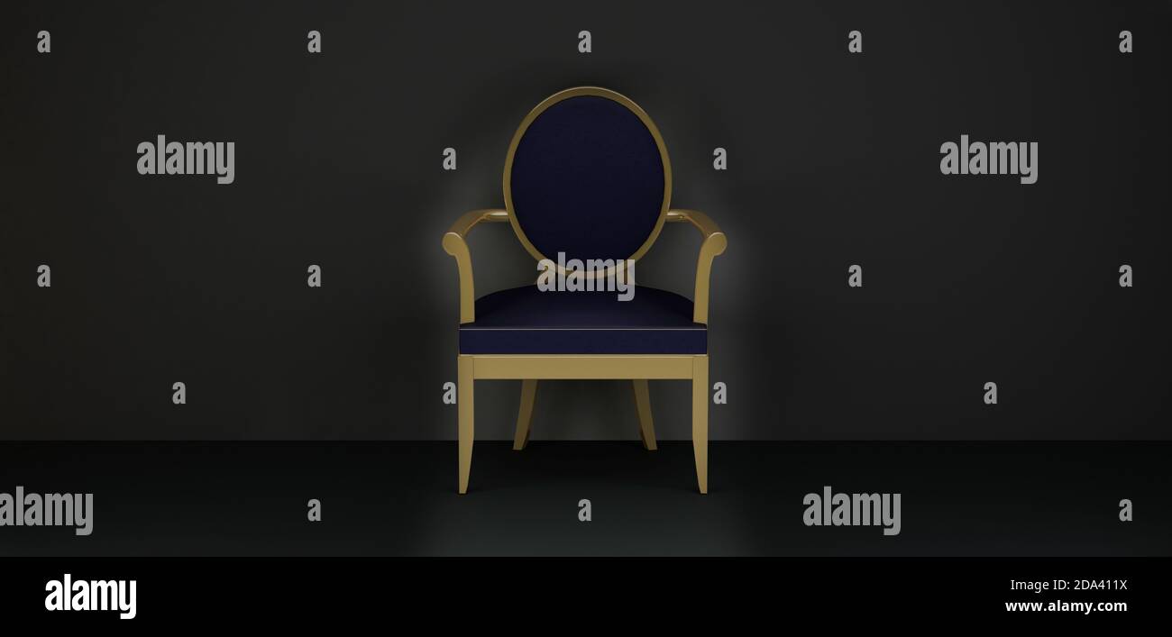 luxury navy blue chair with gold rim front view. 3d rendering Stock Photo Alamy