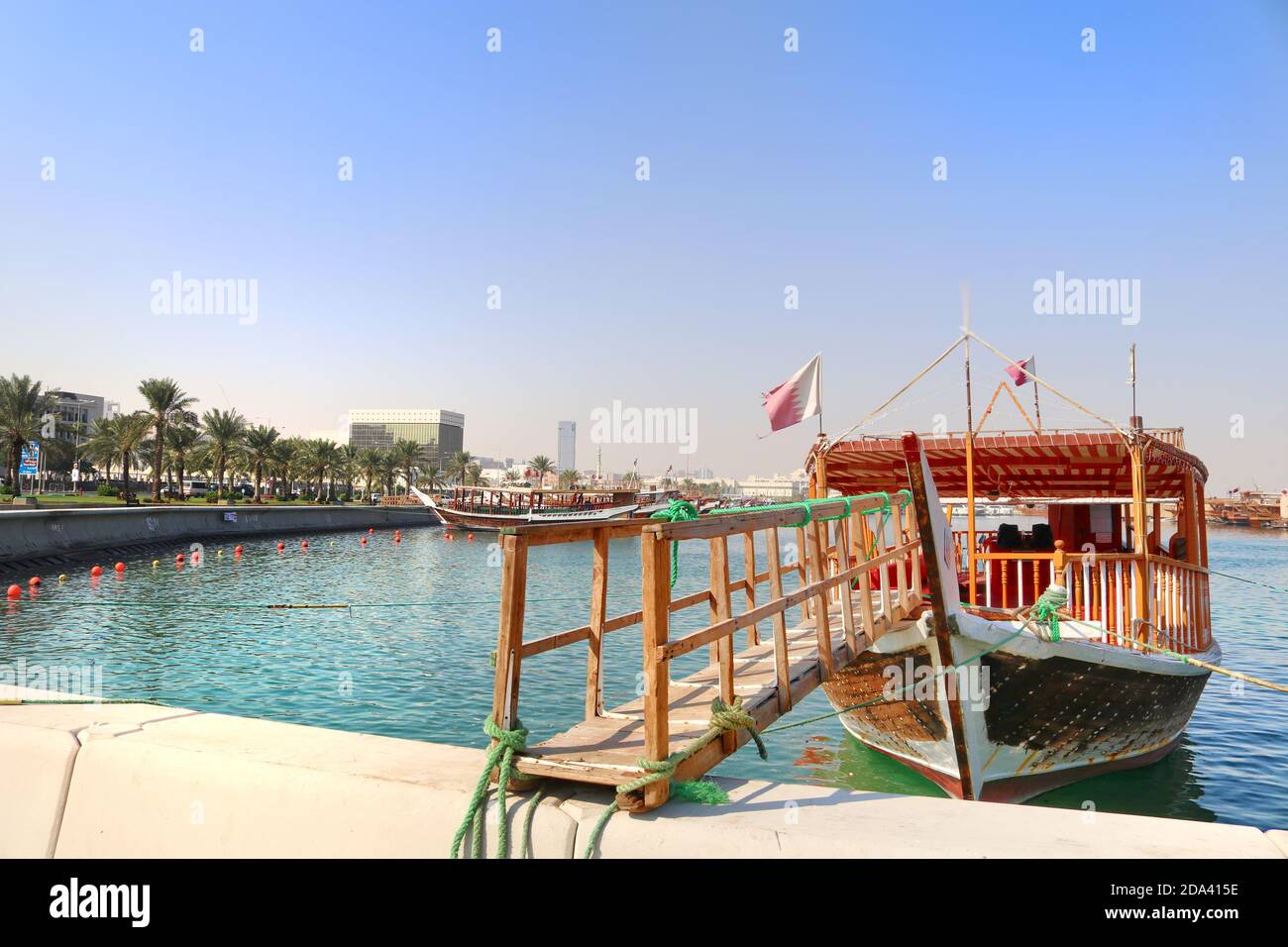A view of traditional boat known as Dhow in Qatar. It was used for transportation of good to and from other countries in old time. Stock Photo
