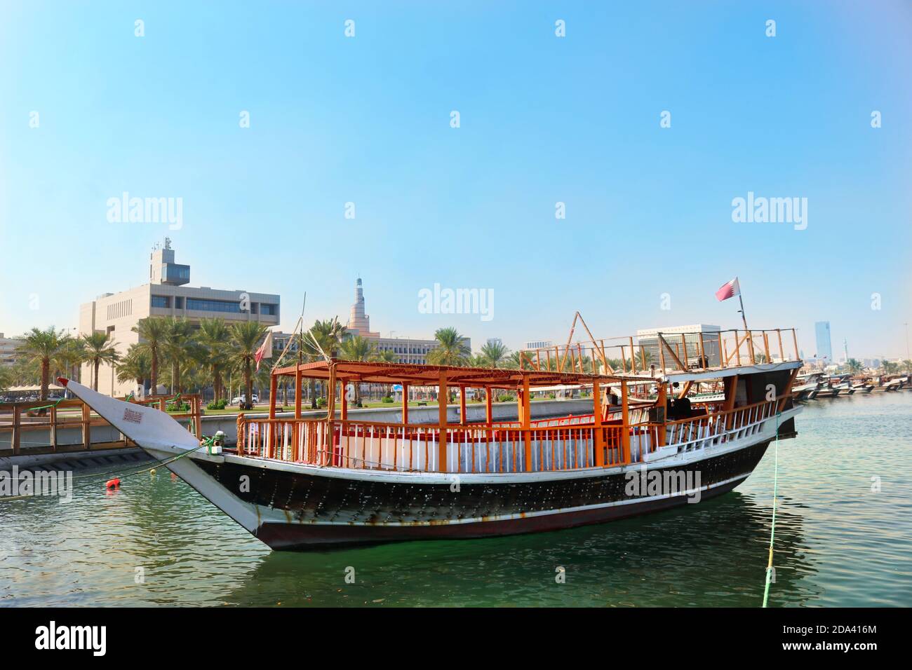 A view of traditional boat known as Dhow in Qatar. It was used for transportation of good to and from other countries in old time. Stock Photo