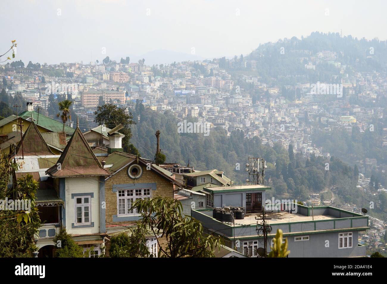 View of Darjeeling city on the hill. Old British colonial residential house. West Bengal, India. Stock Photo