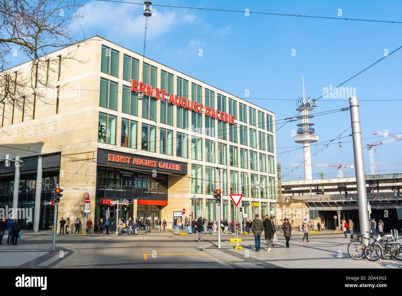 Hanover, Germany – January 27, 2018. Ernst August Galerie shopping mall on Ernst-August-Platz street in Hanover. View with people and bicycles, in win Stock Photo