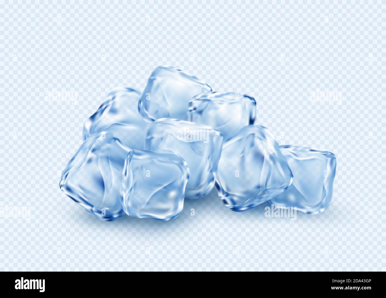 Group of ice transparent clear cubes isolated on light blue transparent background. Vector illustration Stock Vector