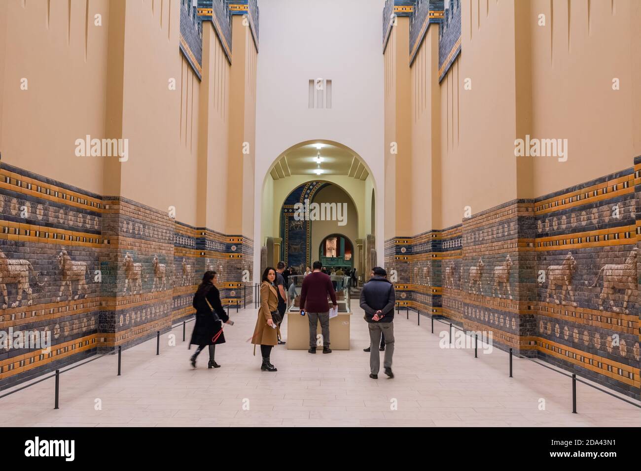 Berlin, Germany – January 28, 2018. Interior view of the Pergamonmuseum in Berlin. View toward the magnificent Ishtar Gate, with people. Stock Photo