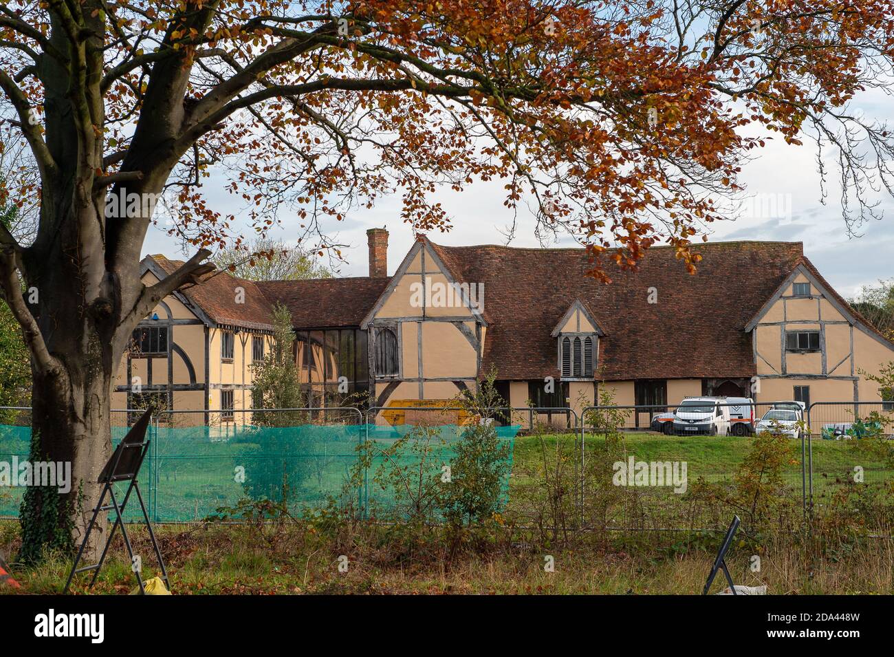 Slough, Berkshire, UK. 9th November, 2020. The beautiful Upton Court listed building is currently undergoing construction work. The Government has announced that construction workers may continue working through the second lockdown. Credit: Maureen McLean/Alamy Stock Photo