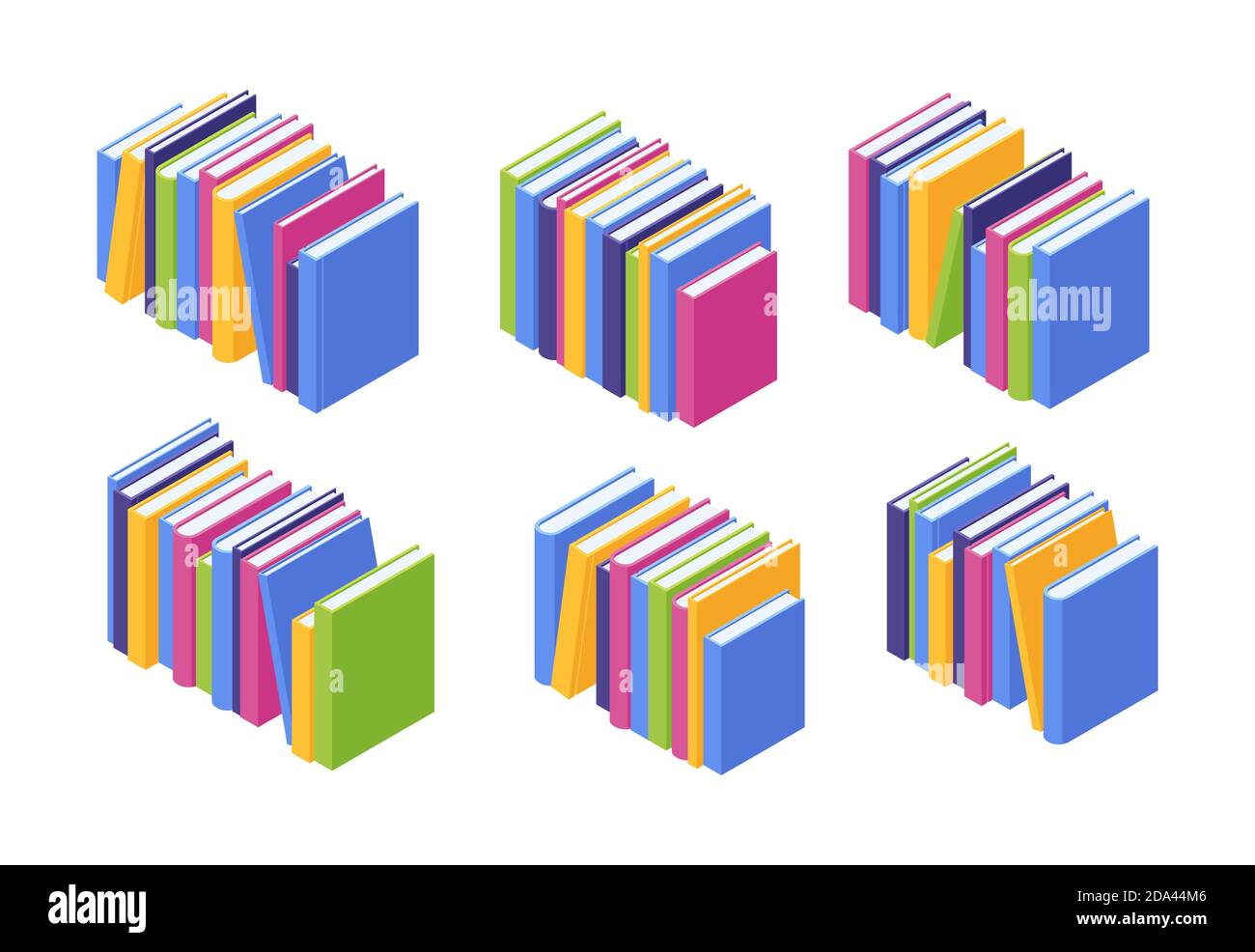 Book pile isometric. Vector illustration set of stacks of standing colorful paper textbooks with hard cover. Stock Vector