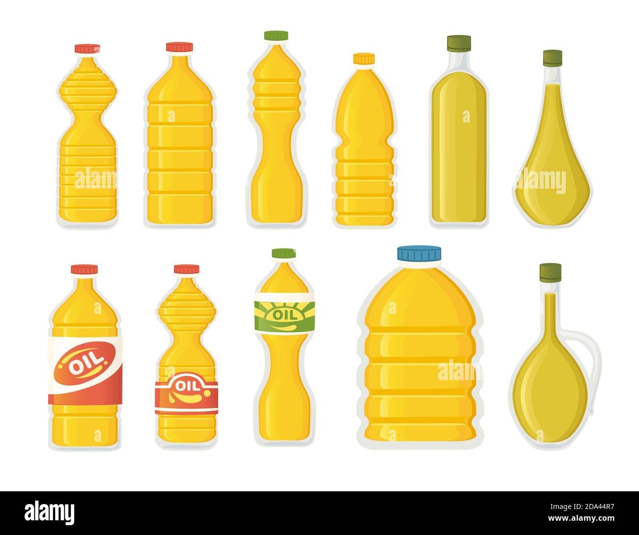 Set of assorted bottles with vegetables oil flat vector illustration isolated on white background Stock Vector