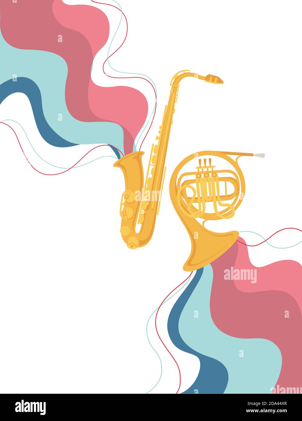 Saxophone and classical French horn musical instrument with flowing