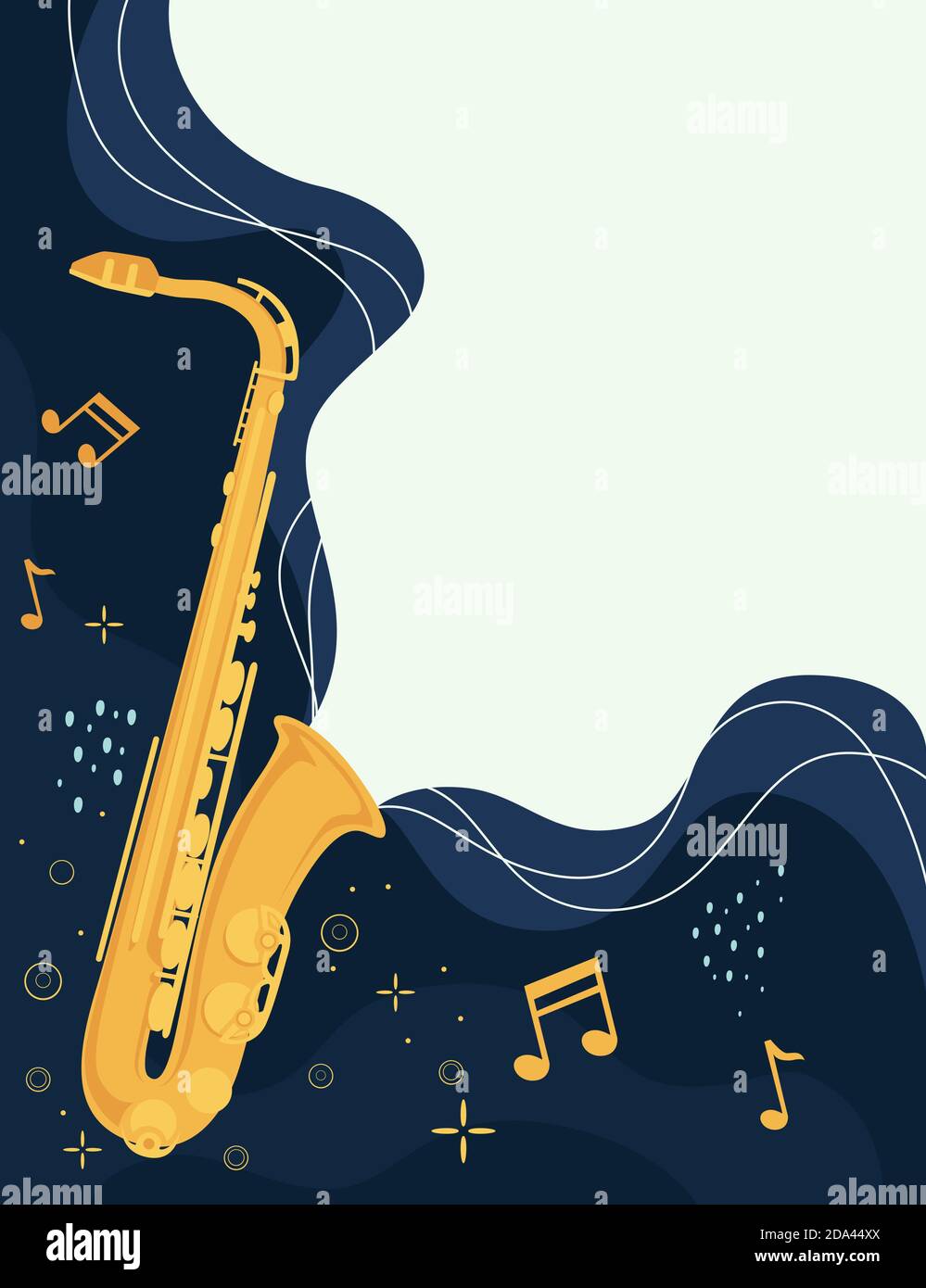 Saxophone musical instrument with flowing musical notes flat vector illustration Stock Vector