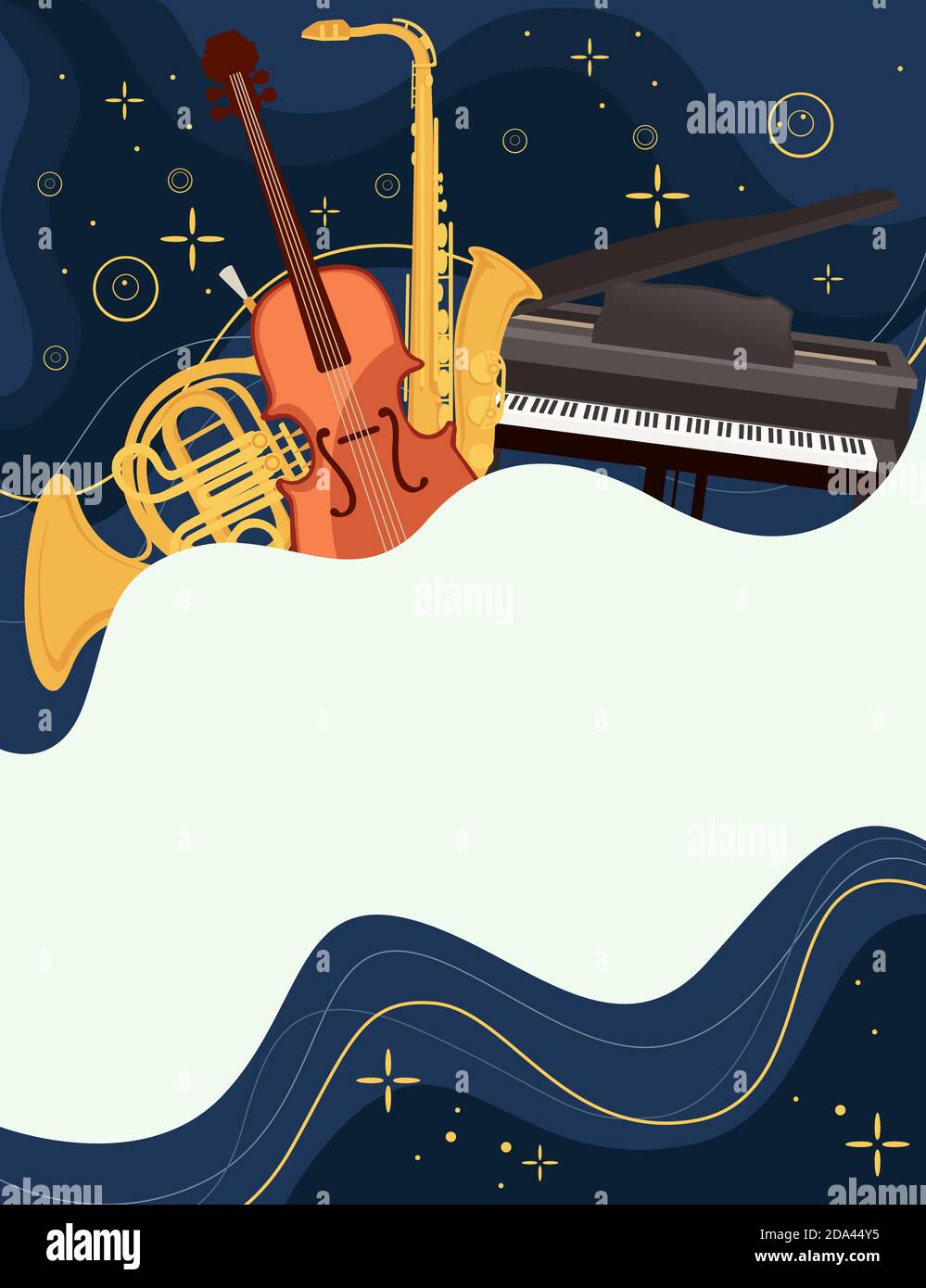 Classic musical instrument collection on night sky background flat ...