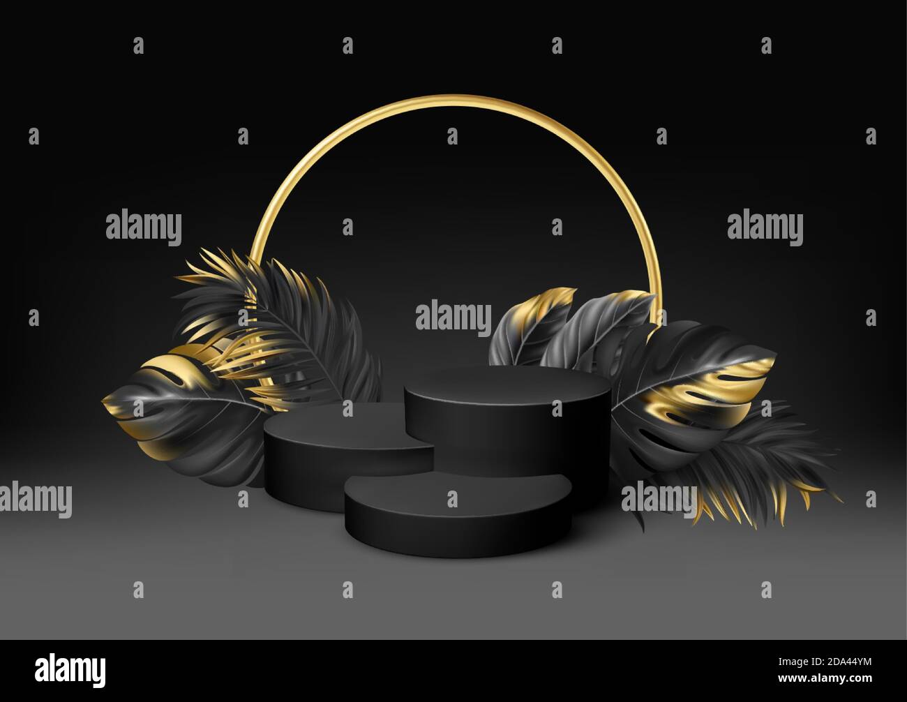 3d realistic black pedestal on a black background with golden elements palm leaves. Empty space design luxury mockup scene for product. Vector Stock Vector